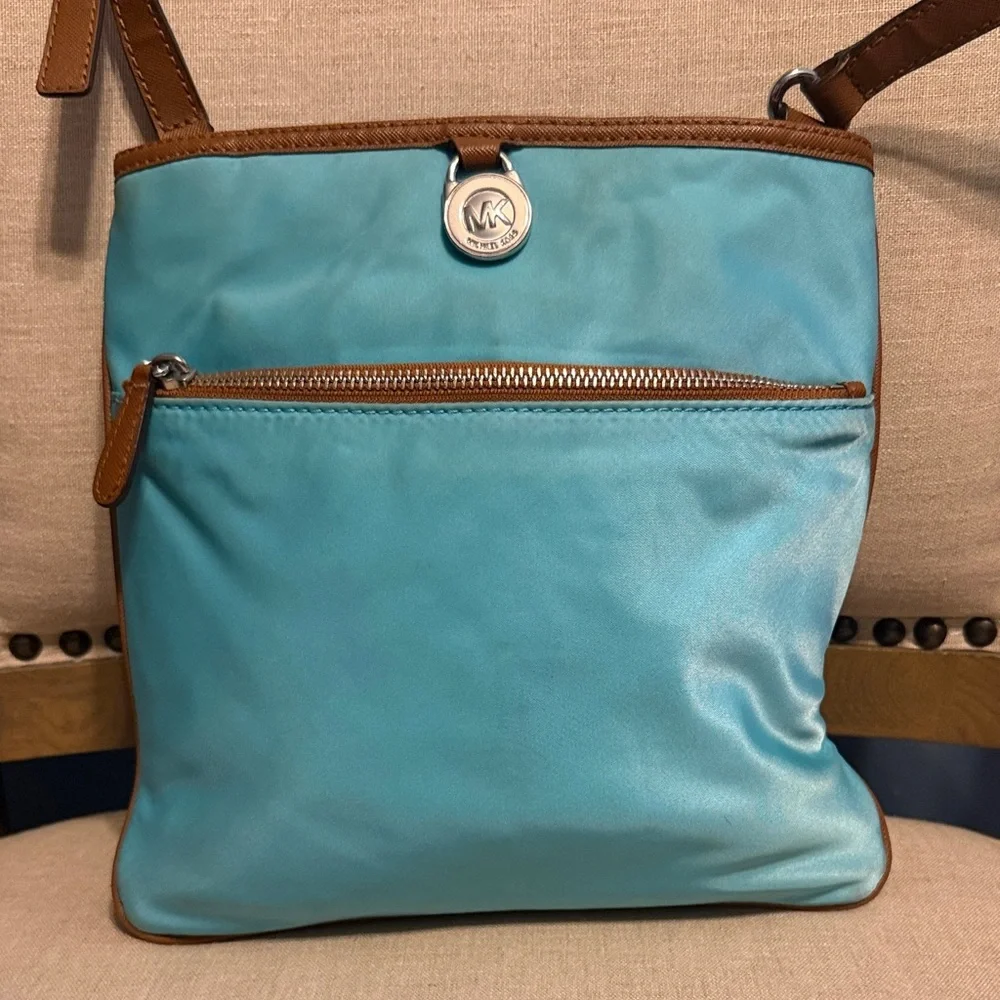 Michael Kors “Kempton” Aquamarine Nylon Crossbody Bag with Leather Trim